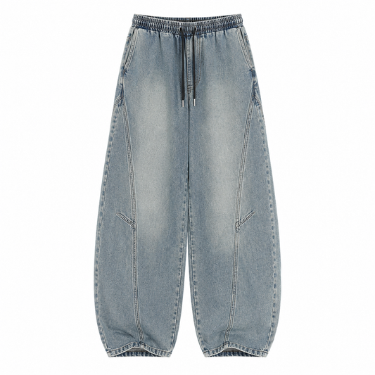 Retro blue washed denim Axis Utility Trousers, front view on white background