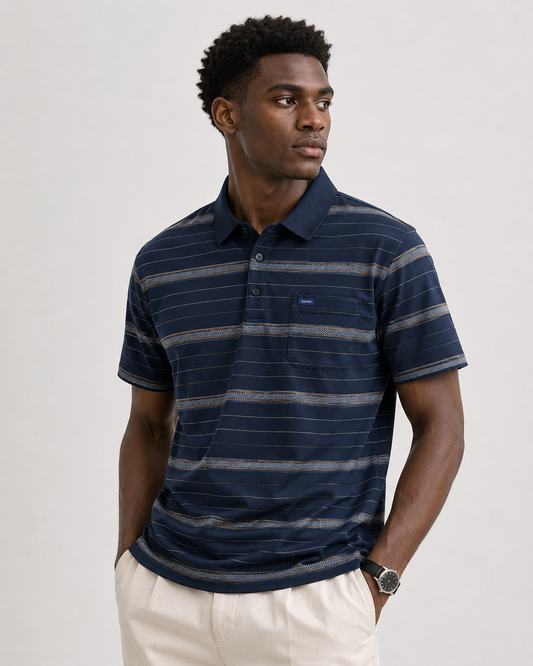 Navy Blue Corsica Striped Polo Tee styled on a male model, front view