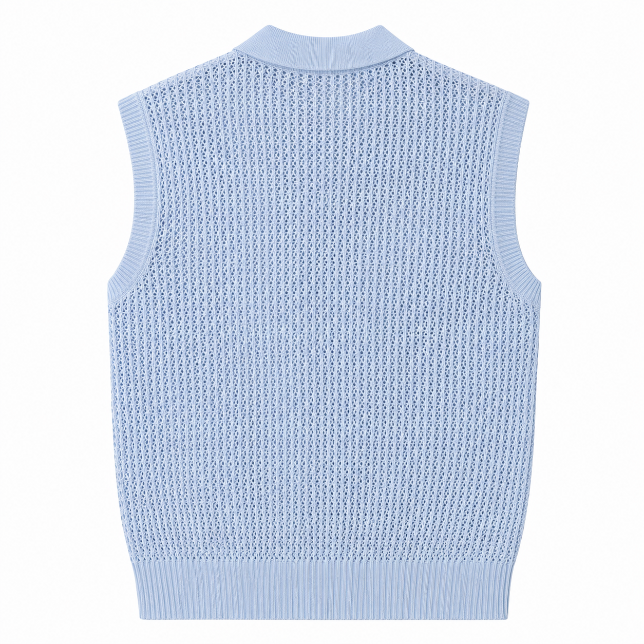 Blue open-knit sleeveless Glide top, back view on white background