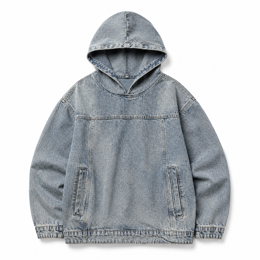Nomad Hooded Denim Jacket in vintage blue wash, front product view