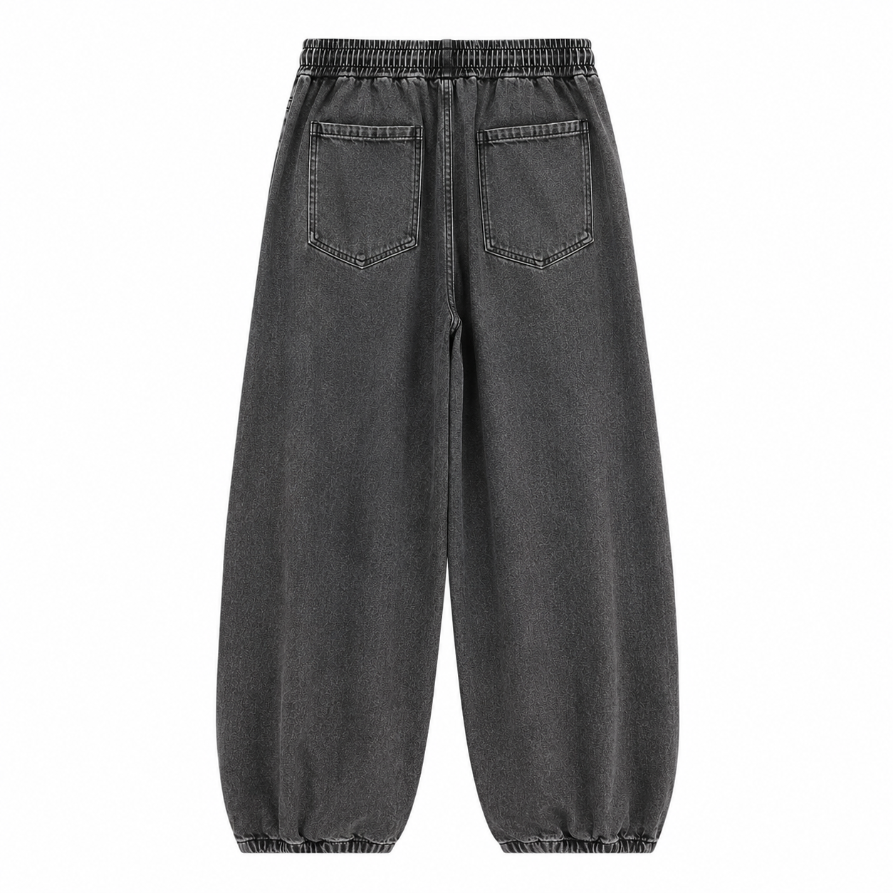 Charcoal washed denim Axis Utility Trousers, back view on white background