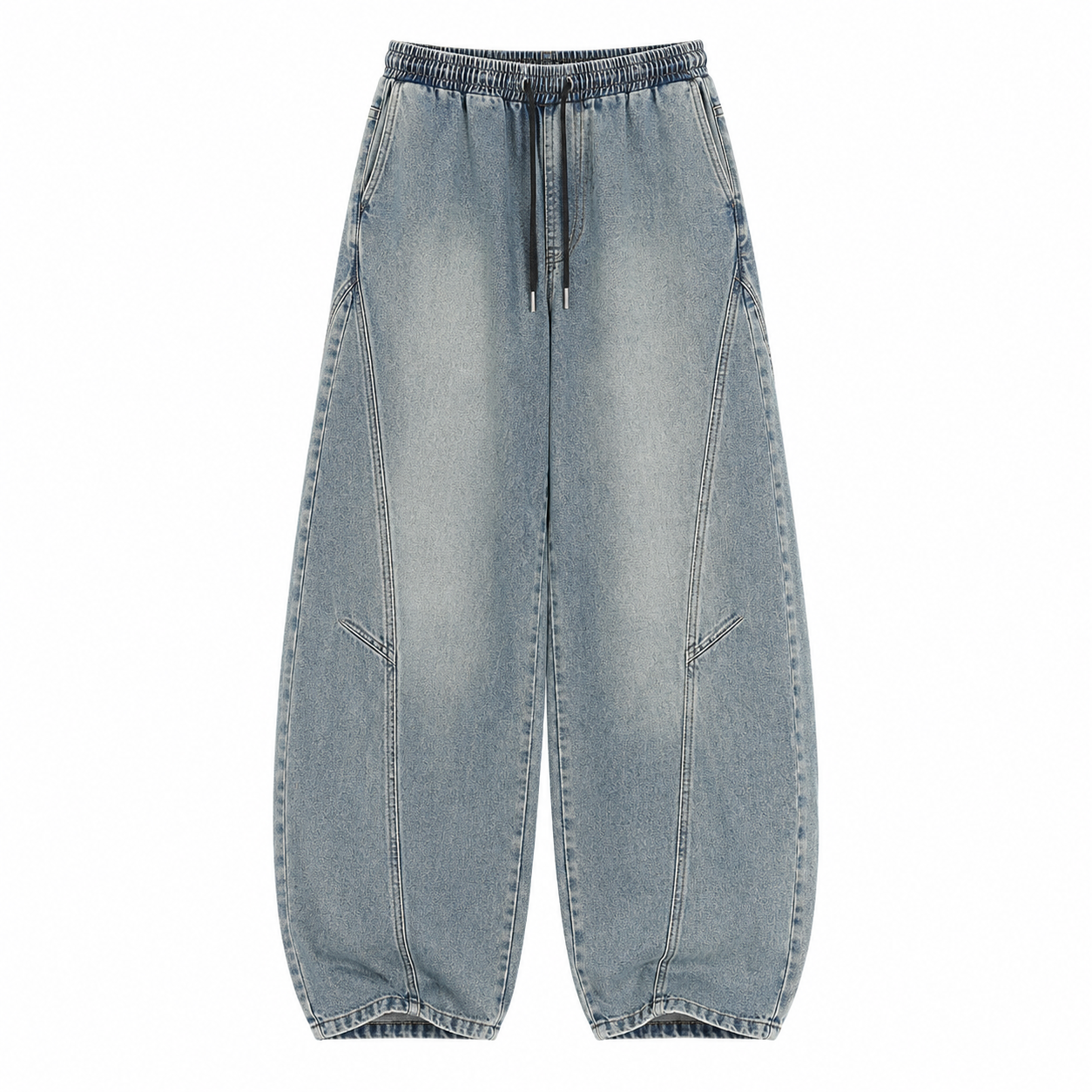 Retro blue washed denim Axis Utility Trousers, front view on white background