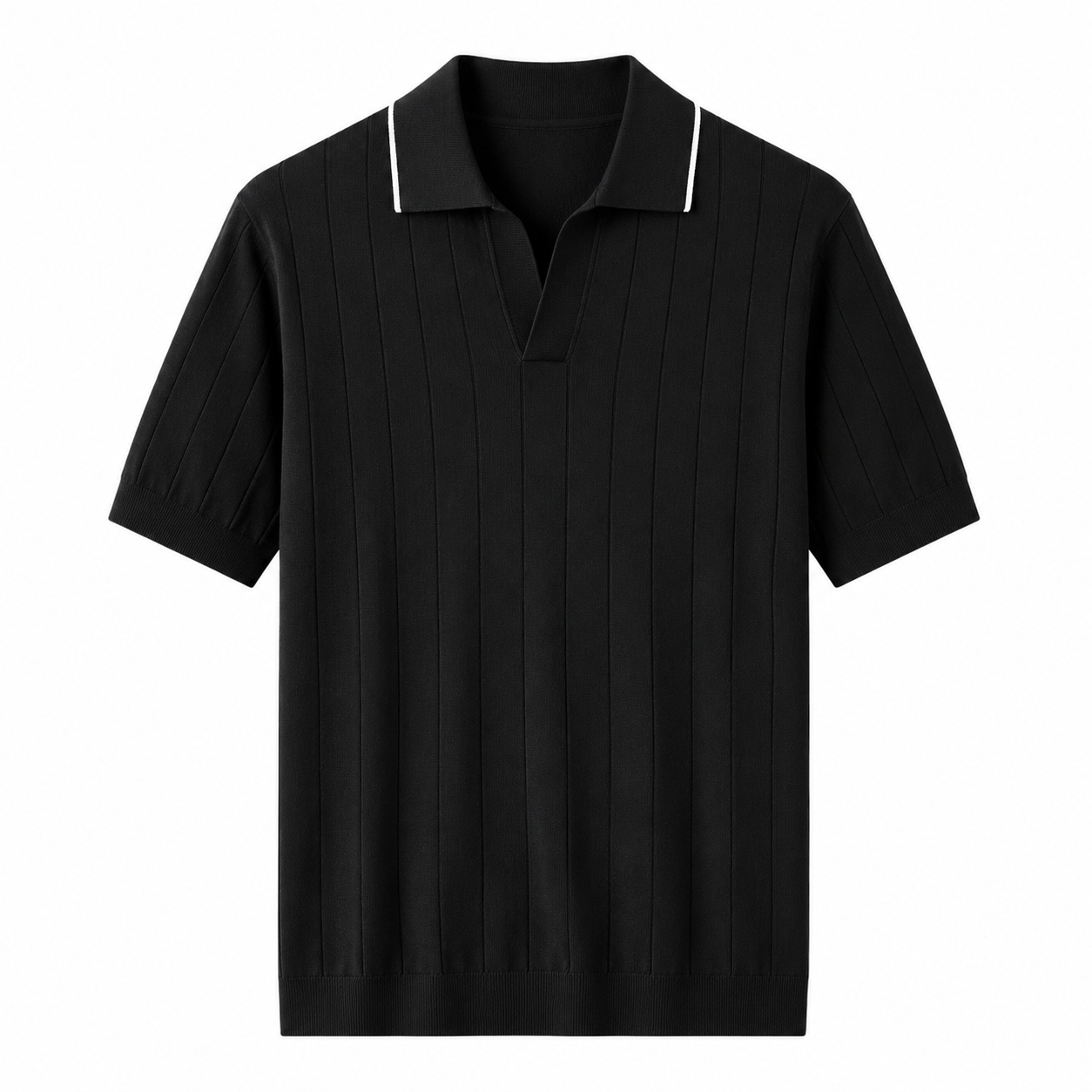 Black ribbed knit polo shirt with contrast-tipped collar on white background