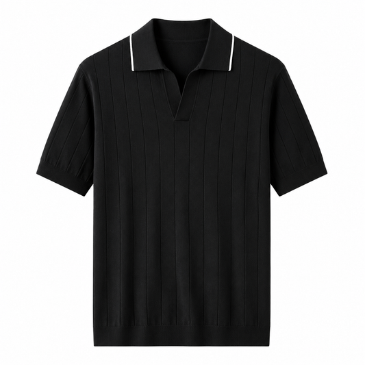 Black ribbed knit polo shirt with contrast-tipped collar on white background