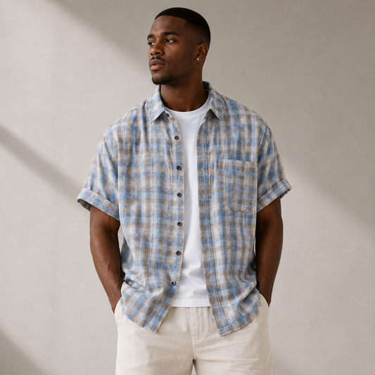 Blue Checkmate Plaid Shirt styled on a male model, front view