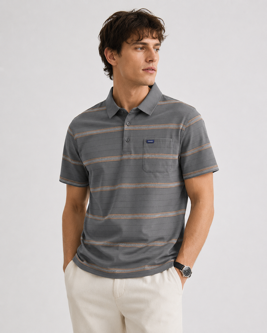Dark Gray Corsica Striped Polo Tee styled on a male model, front view