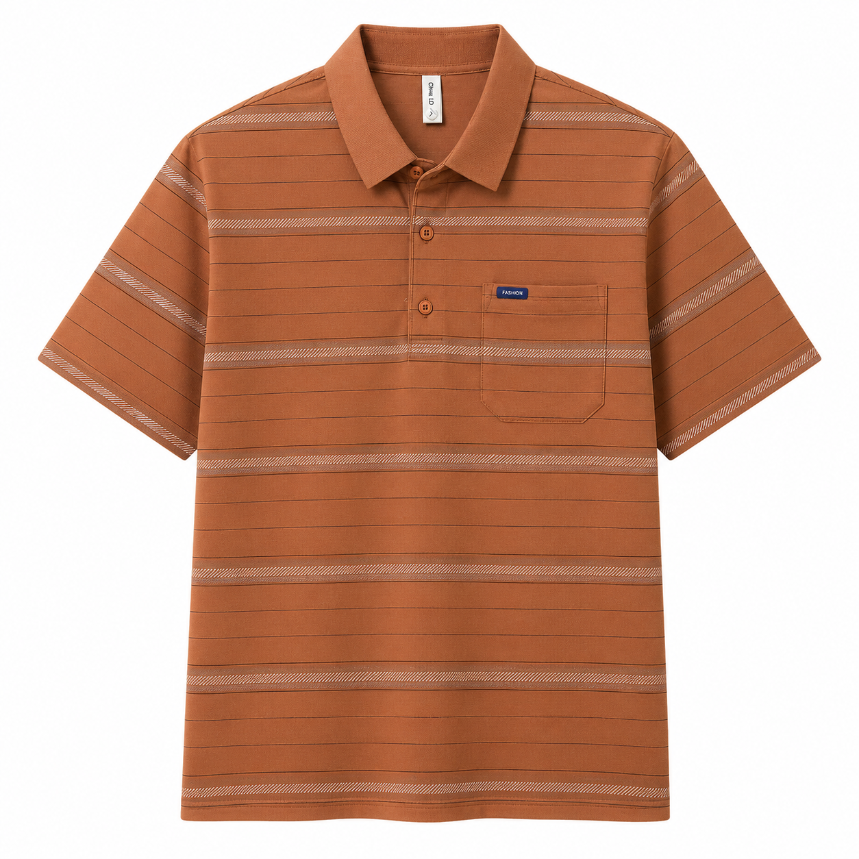 Orange Corsica Striped Polo Tee, front view on white background