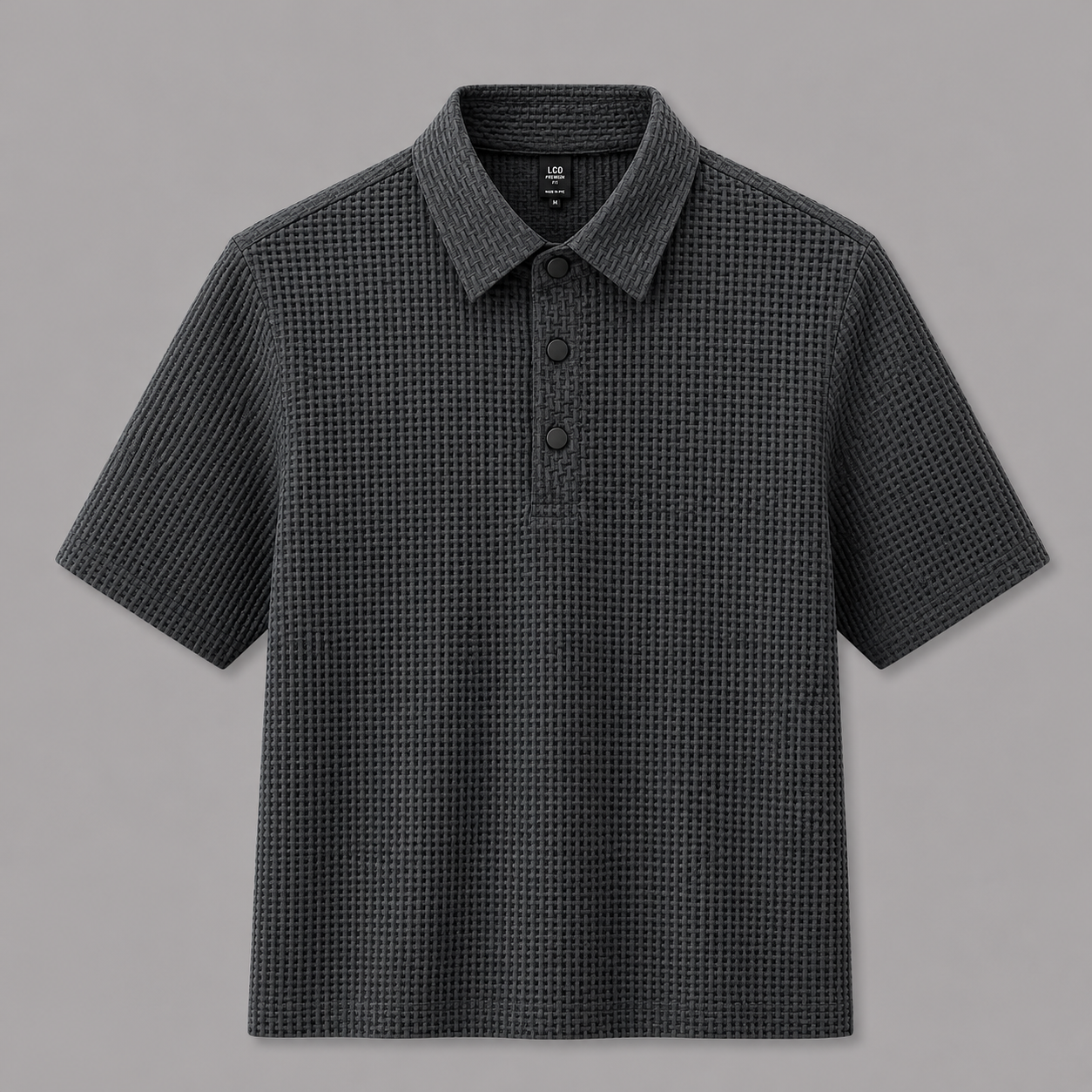 Dark gray Drape Luxe Tee, front view on neutral gray background