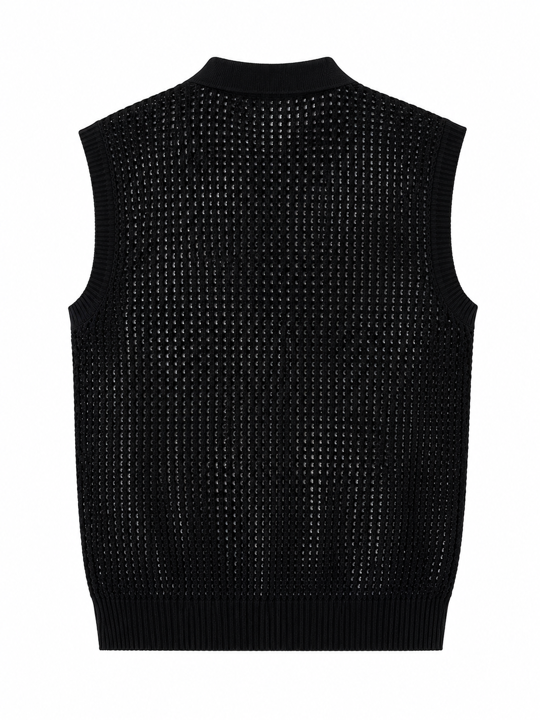Black open-knit sleeveless Glide top, back view on white background