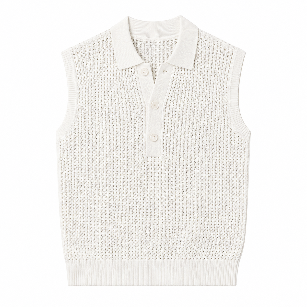 White open-knit sleeveless Glide top, front view on white background