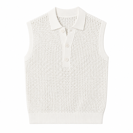 White open-knit sleeveless Glide top, front view on white background