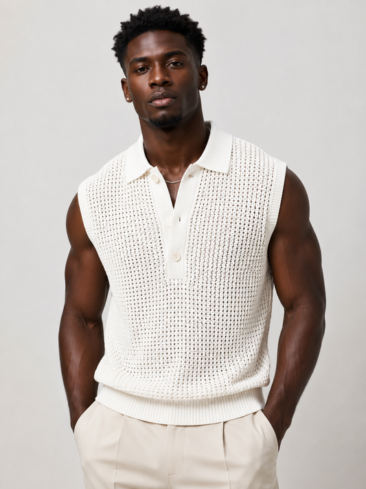 White open-knit sleeveless Glide top styled on a male model