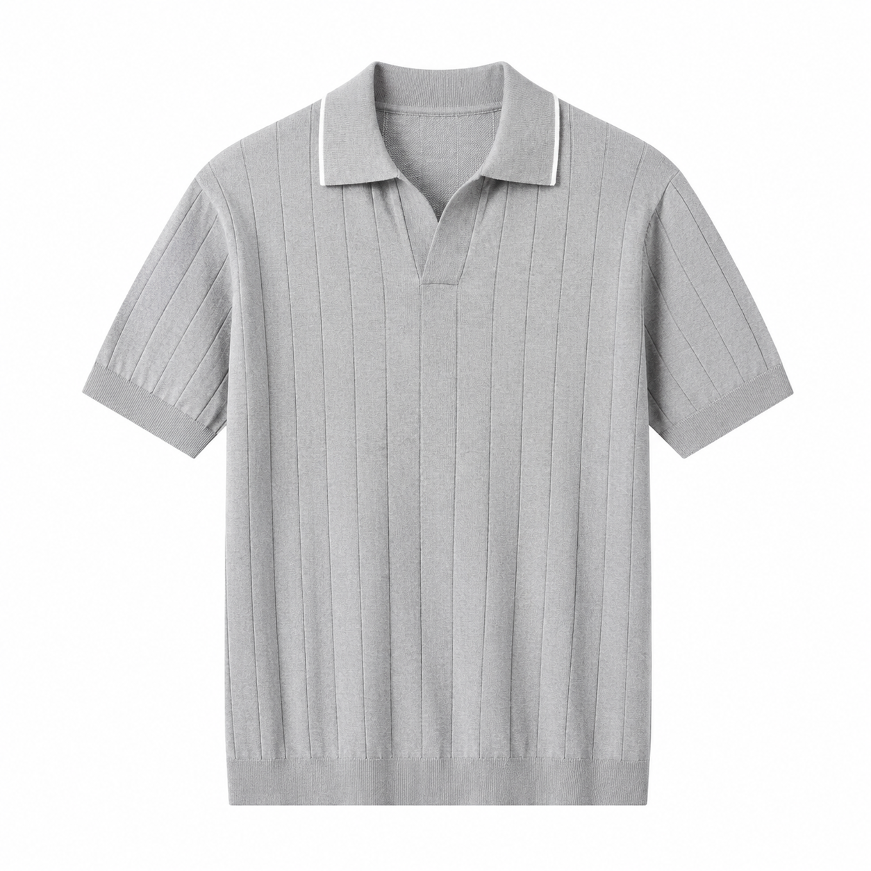 Grey ribbed knit polo shirt with contrast-tipped collar on white background