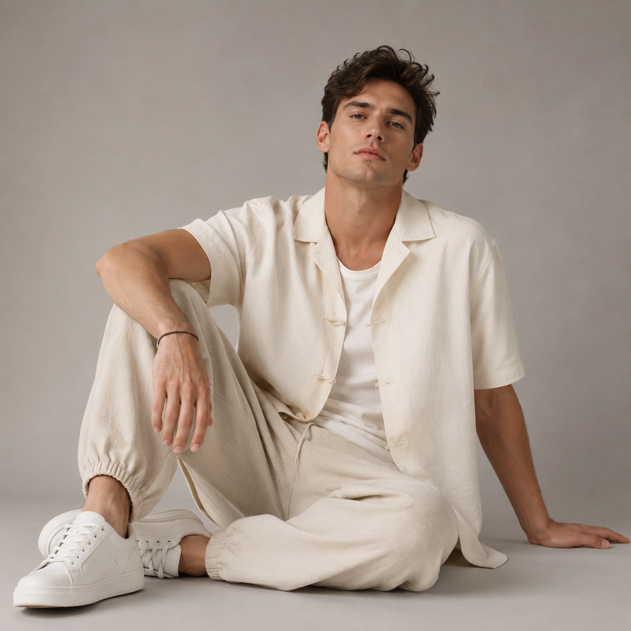 Khaki Harbor Tapered Trousers styled on a seated male model