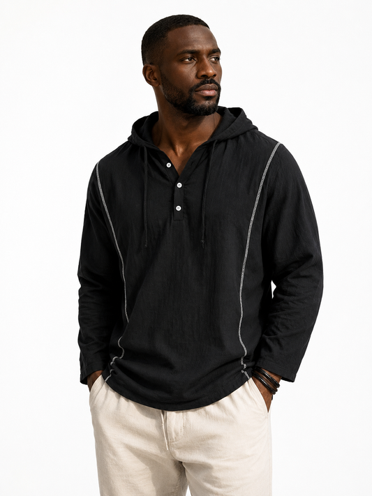 Professional model wearing the Haven hooded sweatshirt in black — front view