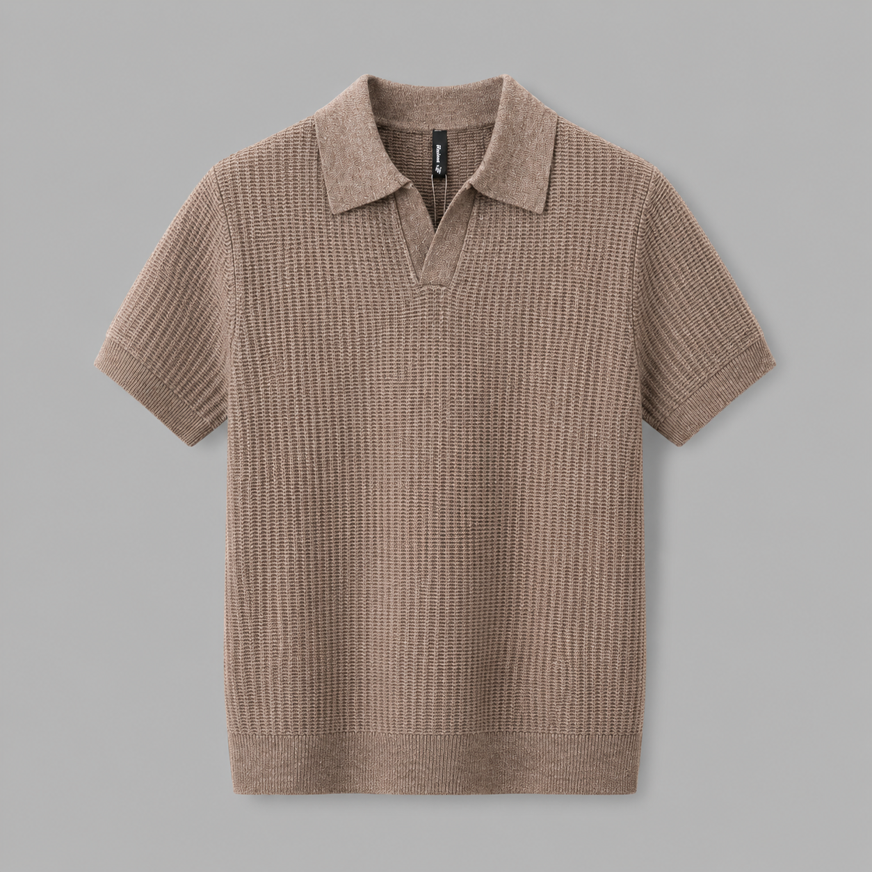 Brown Ivy Knitted Polo, front view on neutral gray background