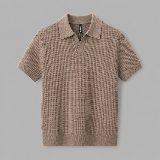 Brown Ivy Knitted Polo, front view on neutral gray background