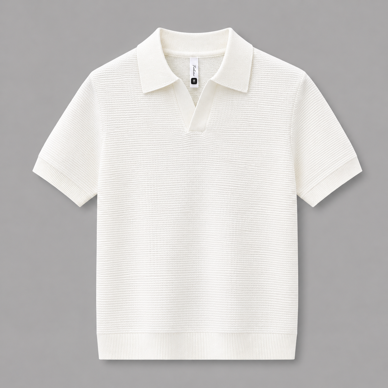 White Ivy Knitted Polo, front view on neutral gray background