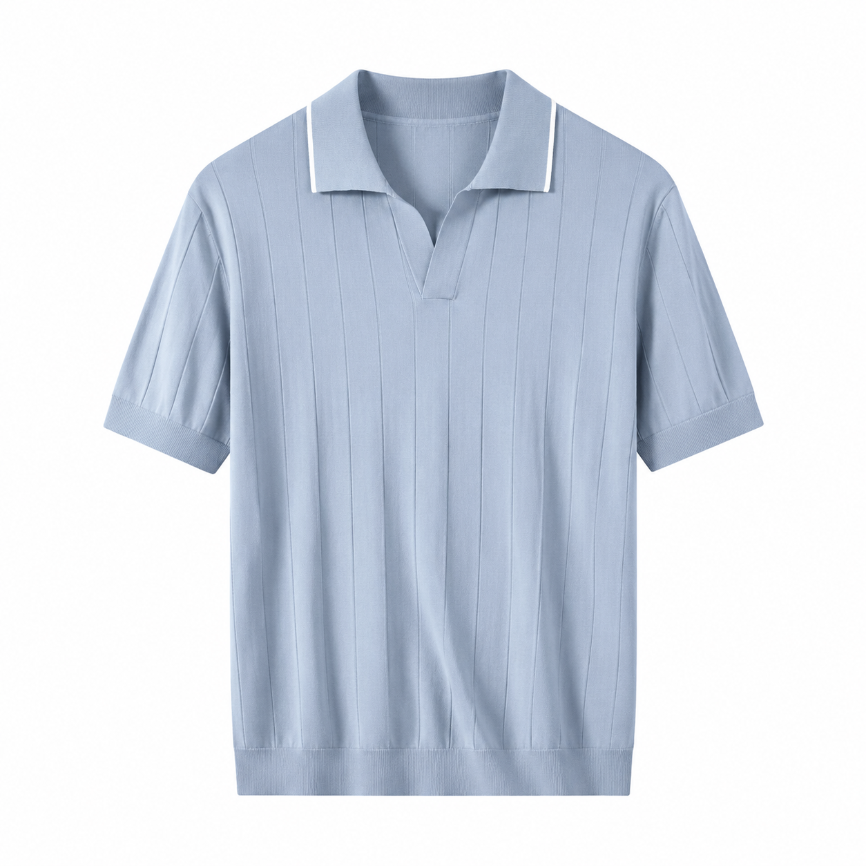 Light blue ribbed knit polo shirt with contrast-tipped collar on white background