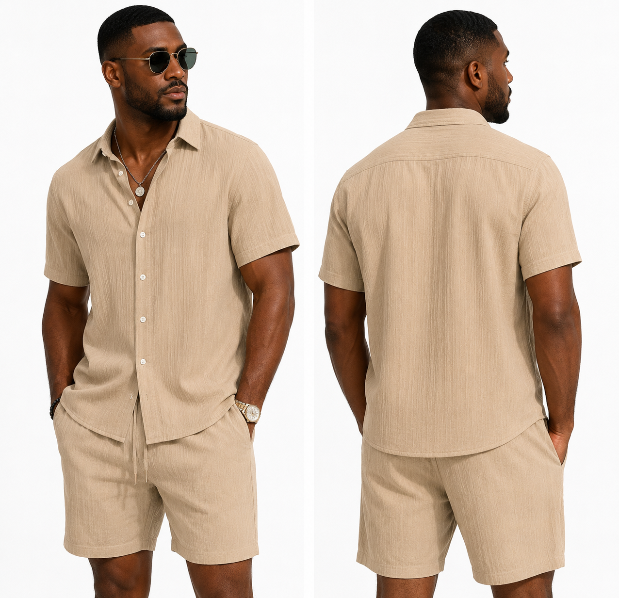 Professional model wearing the Marina two-piece set in apricot beige — front and back views