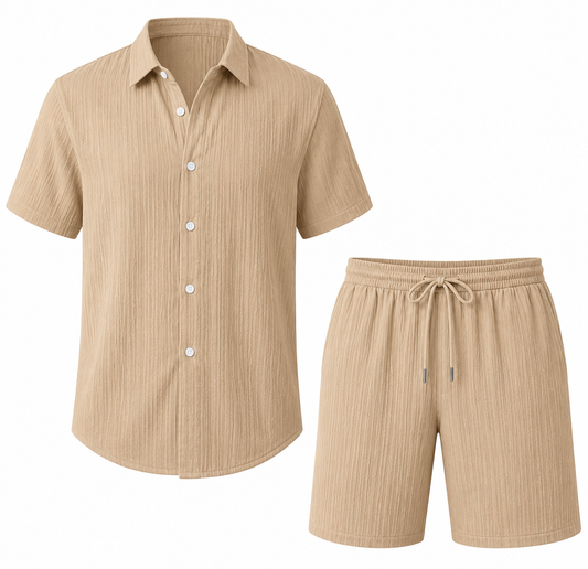 Marina two-piece set in apricot beige — shirt and shorts product view