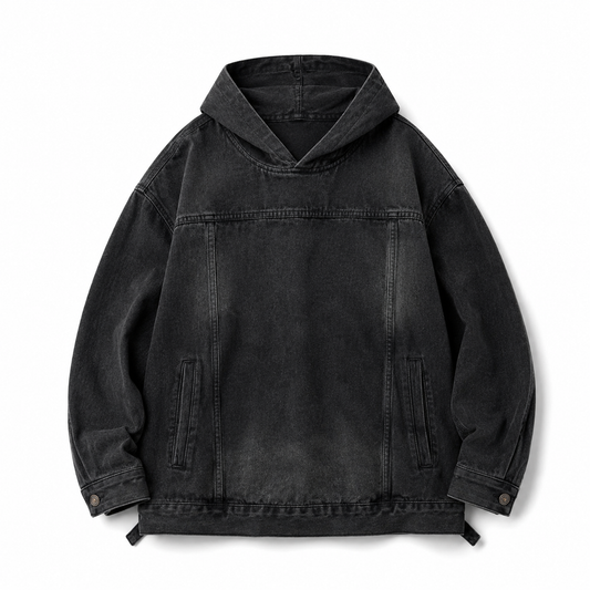 Nomad Hooded Denim Jacket in black wash, front product view