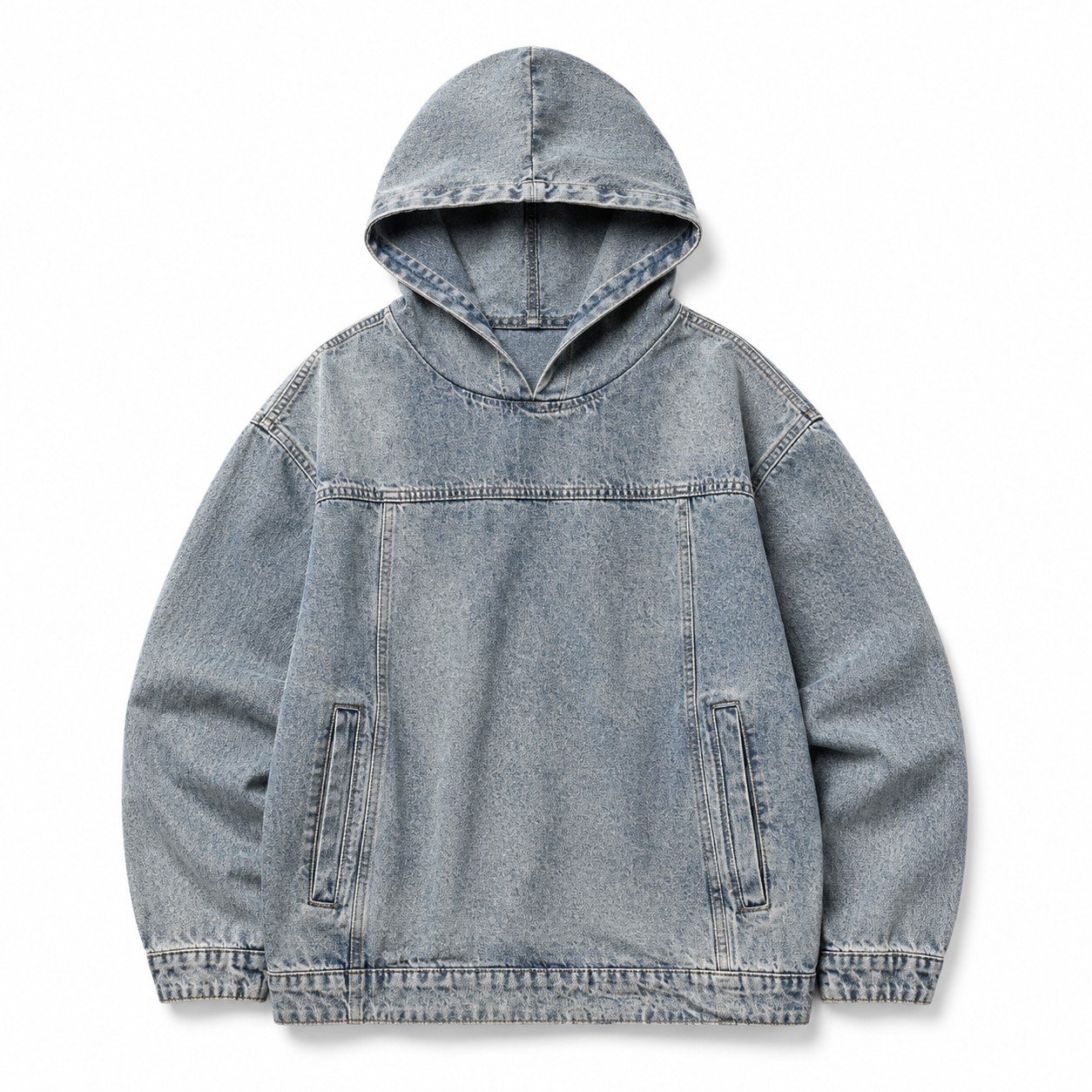 Nomad Hooded Denim Jacket in vintage blue wash, front product view