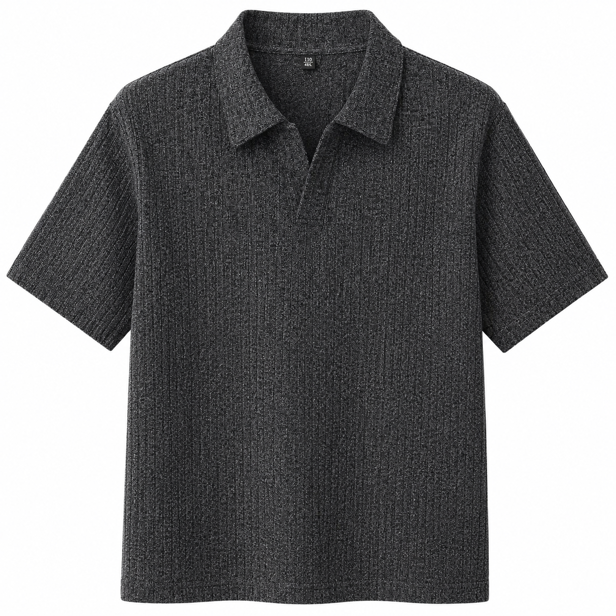 Black and Gray Savanna Striped Polo, front view on white background