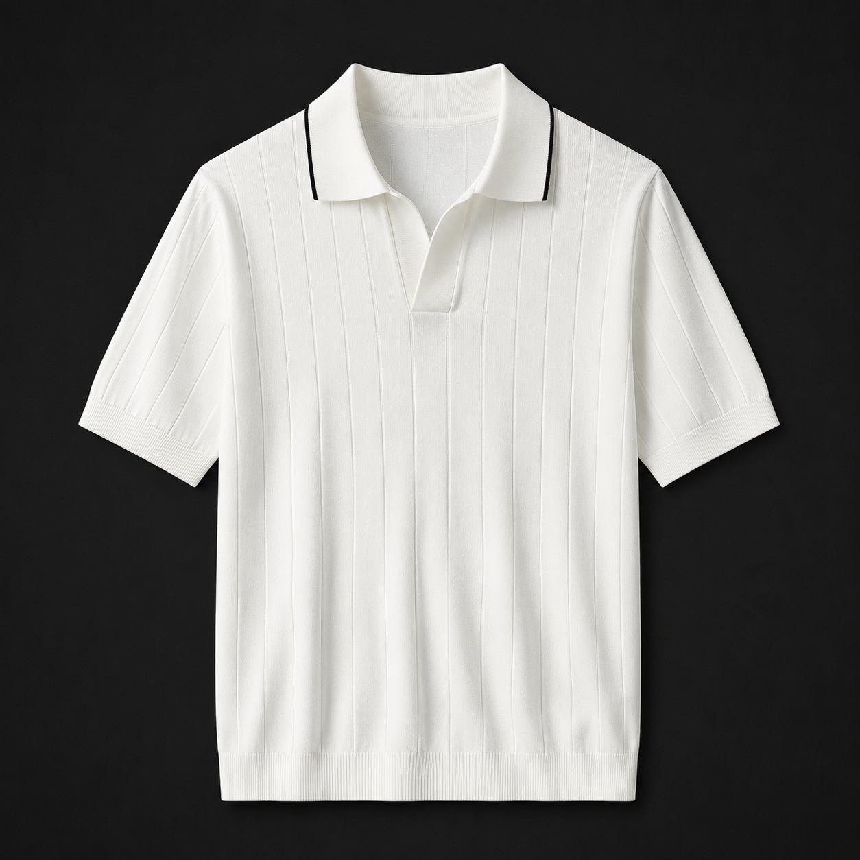 White ribbed knit polo shirt with contrast-tipped collar on dark studio background